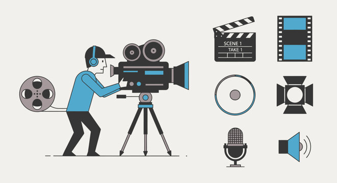 Filmmaker with vintage camera, film reel, clapperboard, microphone, spotlight, film strip