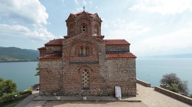 View of Church of Saint John at Kaneo and Lake Ohrid in city of Ohrid, North Macedonia