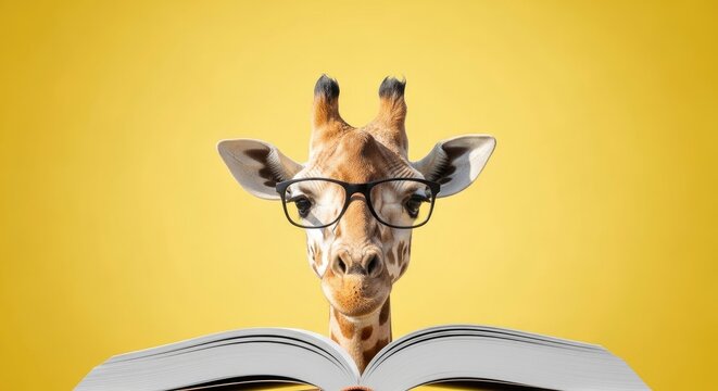 A giraffe wearing glasses reading a book on a bright yellow background