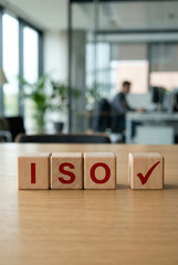 Fototapeta premium ISO Quality Compliance Concept with Wooden Blocks and Red Check Mark