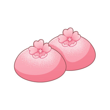 Asian sweet motti with sakura. Pink rice cakes, Japanese desserts on white background