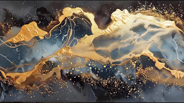 Abstract swirling gold, black, and gray paint strokes with shimmering splatters, dynamic movement