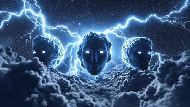Three glowing faces emerge from stormy clouds illuminated by lightning strikes