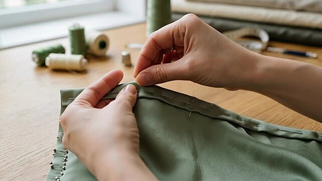 Sustainable fashion repair hands sewing needle thread fabric green mending repair handsewing hem garment textile craft bobbin spool thimble