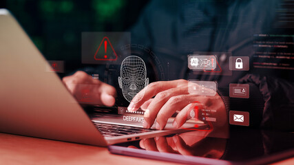 Cybersecurity professional analyzing AI deepfake detection system with facial recognition scan,...