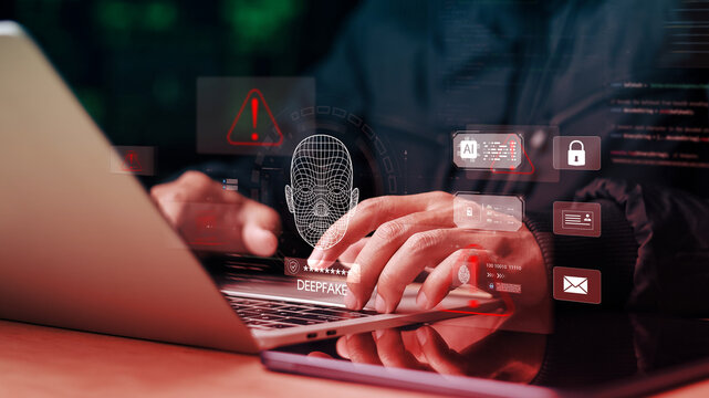 Cybersecurity professional analyzing AI deepfake detection system with facial recognition scan, fraud warning alerts, and digital identity protection interface on laptop.