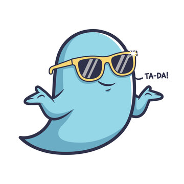 Cool Blue Ghost Character Wearing Sunglasses, Ta-da Pose