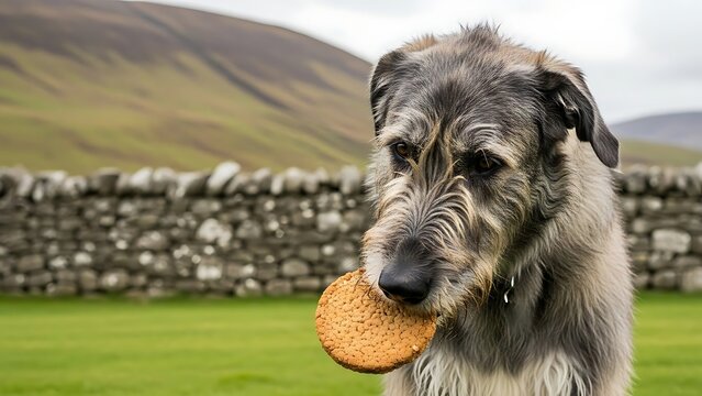 Irish wolfhound dog holding biscuit against blurred scenic background