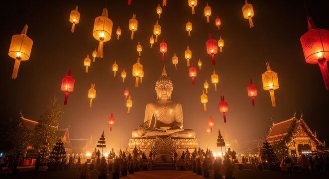 Golden Buddha statue at lantern festival night