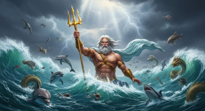 epic poseidon rising from stormy ocean waves