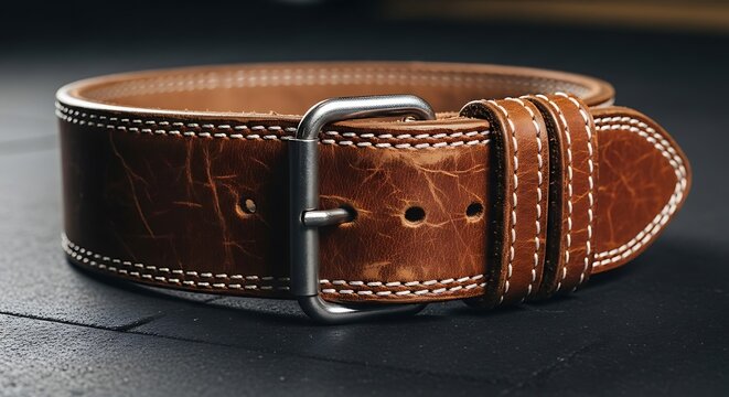 Close up view of a durable brown distressed leather belt with a metal buckle and white stitching on a dark textured background illustration