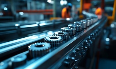 Fototapeta premium industrial conveyor belt with uniform metal parts, with a worker overseeing the operation in a factory, representing automation in industry, Generative AI