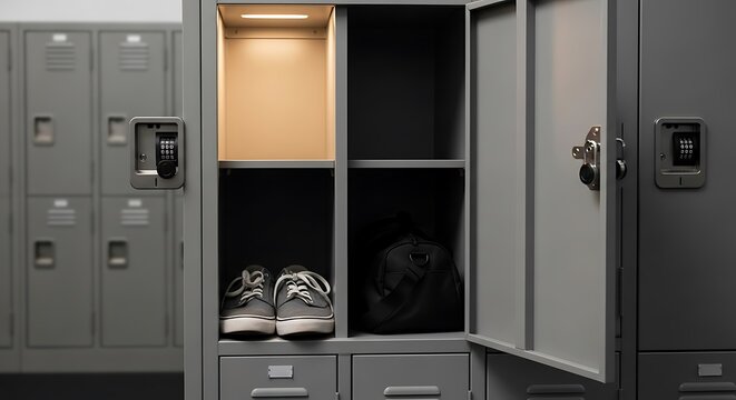 A close up view of an open grey metal locker featuring a small interior light with shoes and a gym bag inside for storage illustration