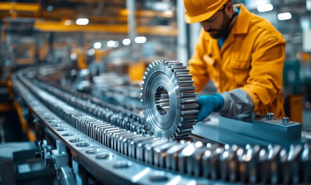 industrial conveyor belt with uniform metal parts, with a worker overseeing the operation in a factory, representing automation in industry, Generative AI