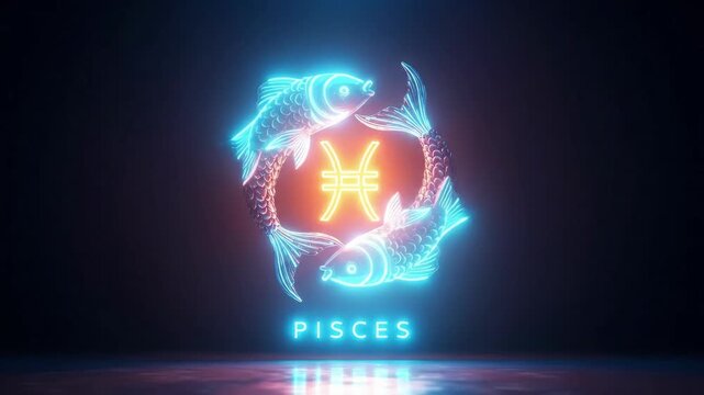 Neon pisces zodiac sign with glowing horoscope symbol and fish. Astrology and fortune telling concept for personal guidance.