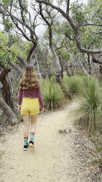 A girl hikes along a coastal trail lined with grass trees, leading to the stunning views of Point Addis Beach, Great Ocean Road, Victoria, Australia.
