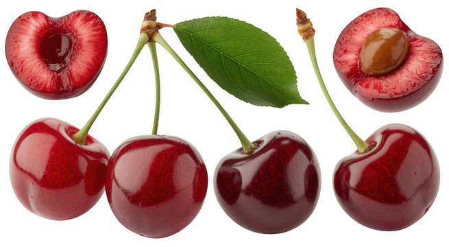 Cherries with leaf and pits on black cherry fruit juicy isolated on a transparent background
