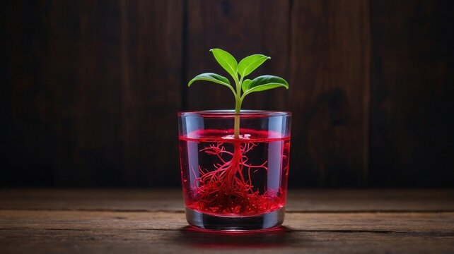 Green sprout with red roots in glass of red liquid