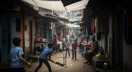Fototapeta premium Busy street scene with children playing and vendors in a vibrant urban neighborhood.