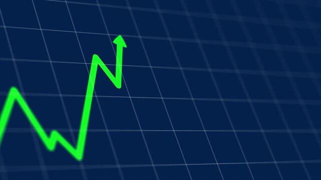 Green arrow is pointing upwards on a blue background loop animation. The arrow is surrounded by a White line, Growing stock chart and green arrow rising, Concept of growth, progress, or improvement