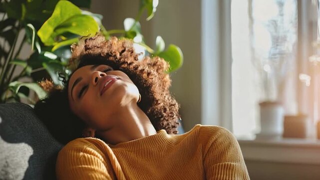 Serene Sunlight Moment: A woman basks in the gentle warmth of the sunlight, a moment of tranquil repose amid the verdant embrace of indoor greenery.
