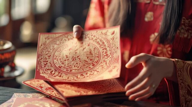 The Elegance of Culture: A person gracefully holds a delicately designed scroll, showcasing intricate patterns and designs, reflecting the rich heritage and artistic traditions.