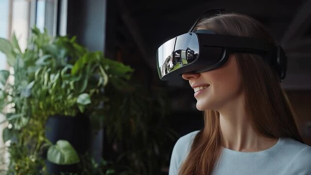 Immersive Tech: A woman wearing a VR headset, eyes sparkling with wonder, is surrounded by natural light, embracing the boundless possibilities of virtual reality. 