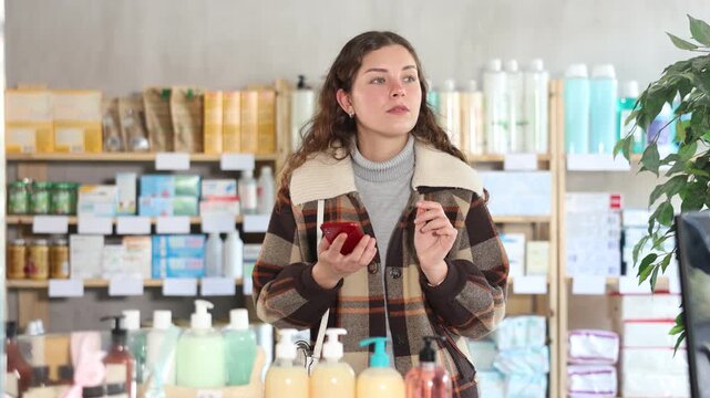 Female shopper searches for necessary goods on the shelves of a supermarket, checking the list on her smartphone. High quality 4k footage