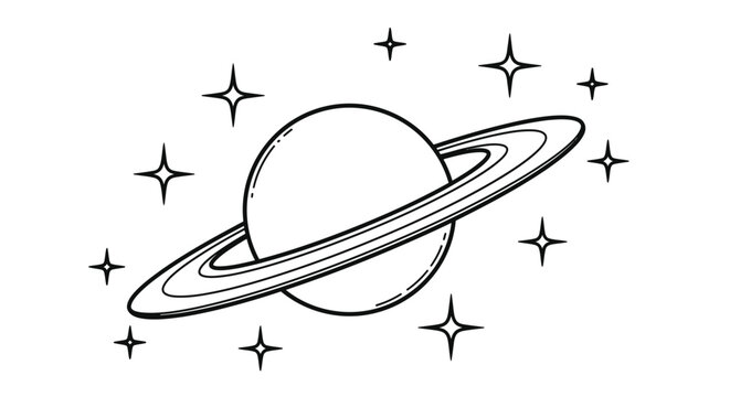 A simple drawing of saturn and stars a black outline silhouette