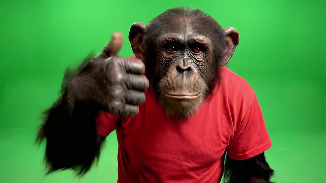A chimpanzee in a red t-shirt raises its hand against a green screen