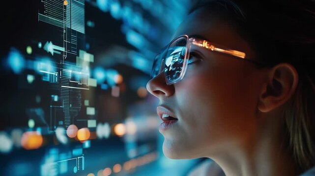 Digital Vista: A woman wearing glasses gazes intently at a vibrant, abstract display of data and information, her expression a mix of curiosity and concentration.