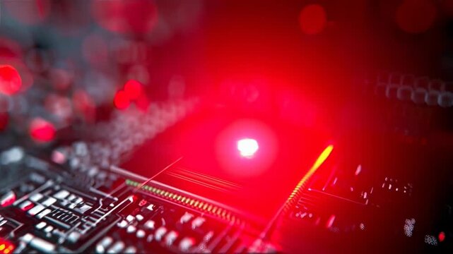 Macro zoom into a glowing red microchip on a futuristic computer circuit board