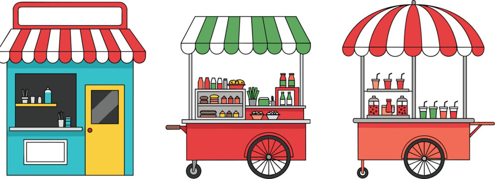 Street food stalls and shop storefront with carts and awnings retail kiosk vector illustration set