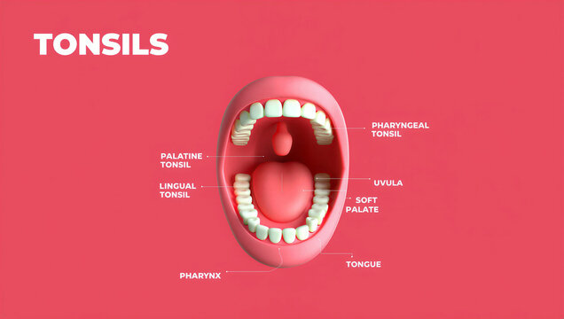 Anatomy of human mouth with labeled parts of tonsils and throat  medical education