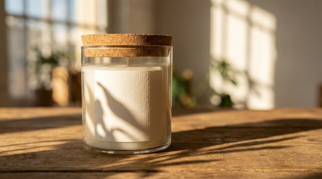 Minimal scented candle in a glass jar with cork on a wooden table