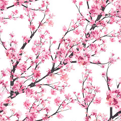 Obraz premium Watercolor Sakura tree blooming branch seamless pattern. Japan spring blossom cherry buds and pink flowers floral design. Hand drawn isolated from background illustration for fabric, asian wallpaper.