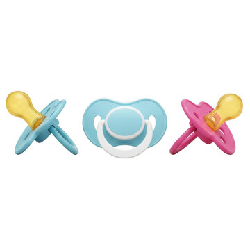 Three colorful baby pacifiers arranged in a row isolated on transparent background