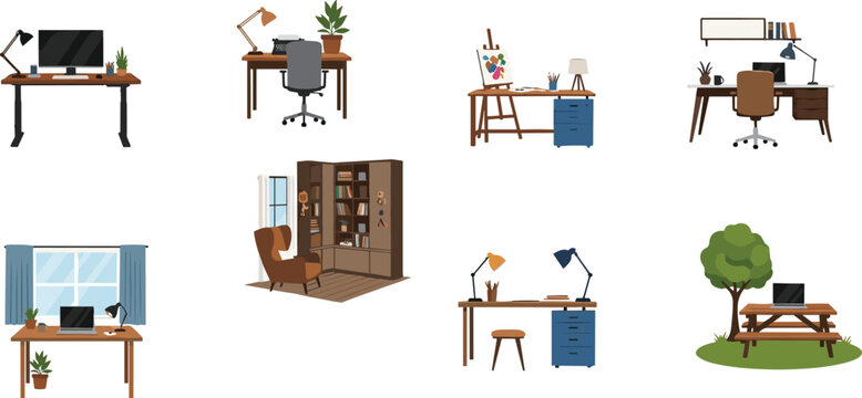 Workspace desk collection illustration home office furniture study table laptop chair bookshelf creative interior design isolated vector modern set