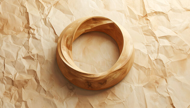 A wooden Mobius strip sits on textured, wrinkled paper, suggesting depth and infinity