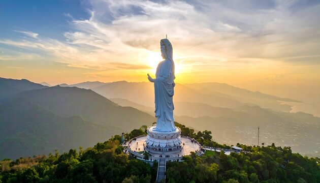 Majestic White Buddha Statue Overlooking Mountain Landscape at Sunrise.
