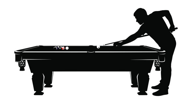 A man aims a pool cue at balls on a table silhouette