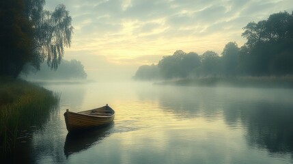 Obraz premium Small Wooden Boat Floating on Calm River During Golden Hour Mist Overlooking Lush Forested