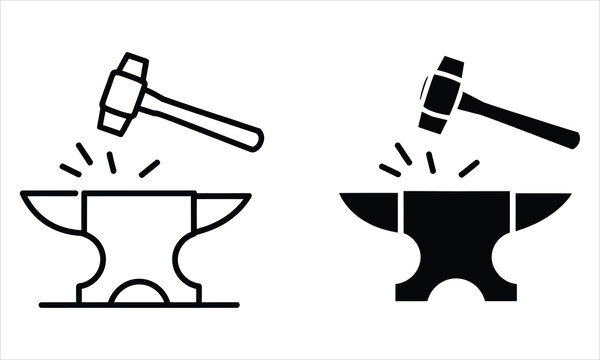 Two simple black and white icons show a hammer striking an anvil for blacksmithing work