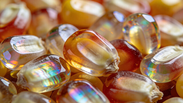 Closeup view of colorful corn kernels showing their details and variety in agriculture