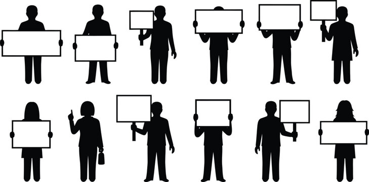 Silhouette of people holding blank signs for demonstration or protest
