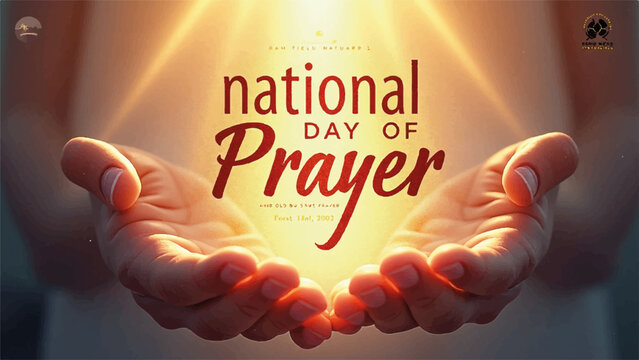 Hands cupped together in prayer with national day of prayer text and radiant light background