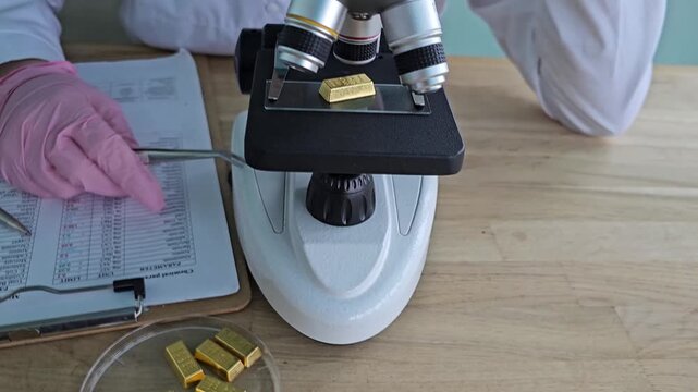 Gold testing with microscope in laboratory setting in city
