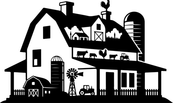 Vector farmhouse icon with barn and windmill