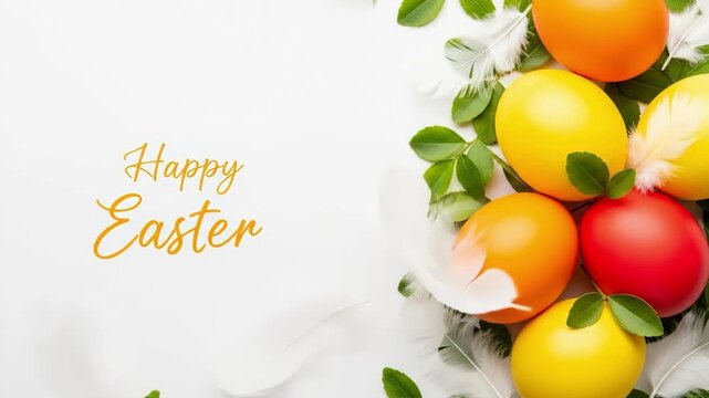 Happy Easter greeting with colorful painted eggs, green leaves, and white feathers on white background. Festive spring holiday arrangement for seasonal cards and invitations