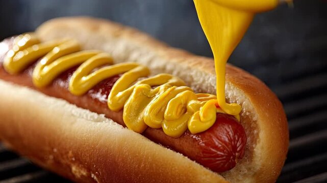 Macro shot of yellow mustard pouring onto a grilled hot dog